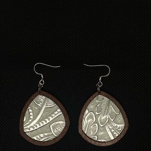 Wooden/tin metal leaf earrings